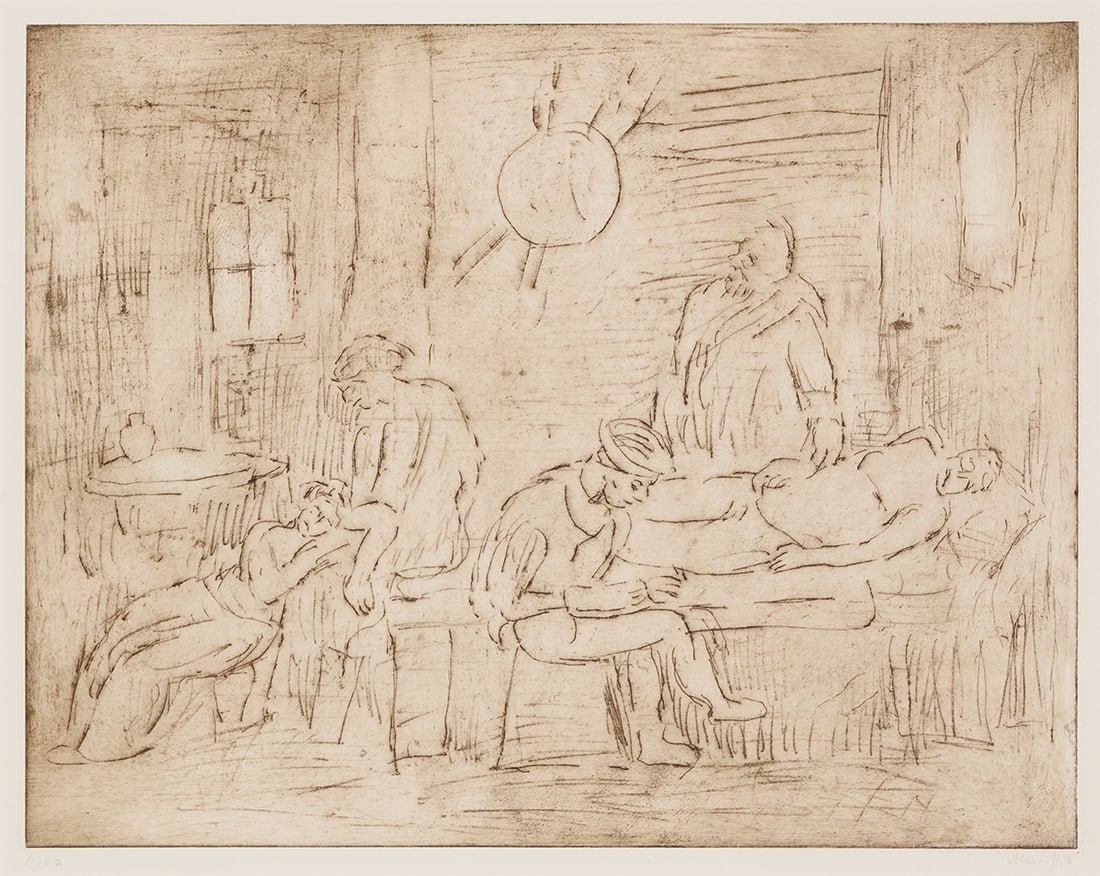 Leon Kossoff (1926-2019), "The Testament of Eudamidas," from "The Poussin Project: A Suite of Prints: Leon Kossoff (1926-2019) "The Testament of Eudamidas," from "The Poussin Project: A Suite of Prints after Nicolas Poussin," 1998 Etching in brown on Arches paper Edition: Artist's Proof 8 (one of 10