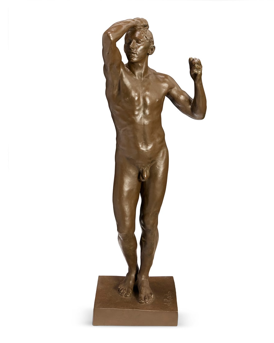 After Auguste Rodin (1840-1917), "Age of Bronze," 1979: After Auguste Rodin (1840-1917) "Age of Bronze," 1979 Patinated bronze Edition: 35/150 Signed in the casting: A. Rodin; with impressed foundry, date, and edition on side of plinth: NR © 1979 35 41"