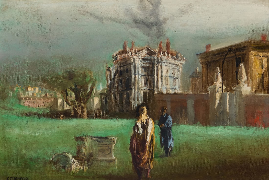 Walter Stuempfig (1914-1970), Figures in a garden: Walter Stuempfig (1914-1970) Figures in a garden Oil on canvas Signed lower left: Stuempfig 10.25" H x 15.25" W Provenance: The Collection of Kaye Ballard, actress, comedian and singer Private