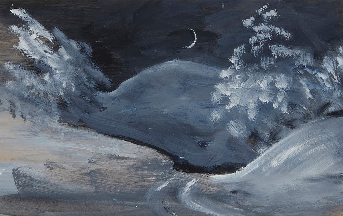 E.E. Cummings (1894-1962), "New Moon," 1958: E.E. Cummings (1894-1962) "New Moon," 1958 Oil on cardboard Appears unsigned; dated verso and on a piece of mat board affixed to the frame's backing paper: March 18, 1958; titled by repute 8.625" H x