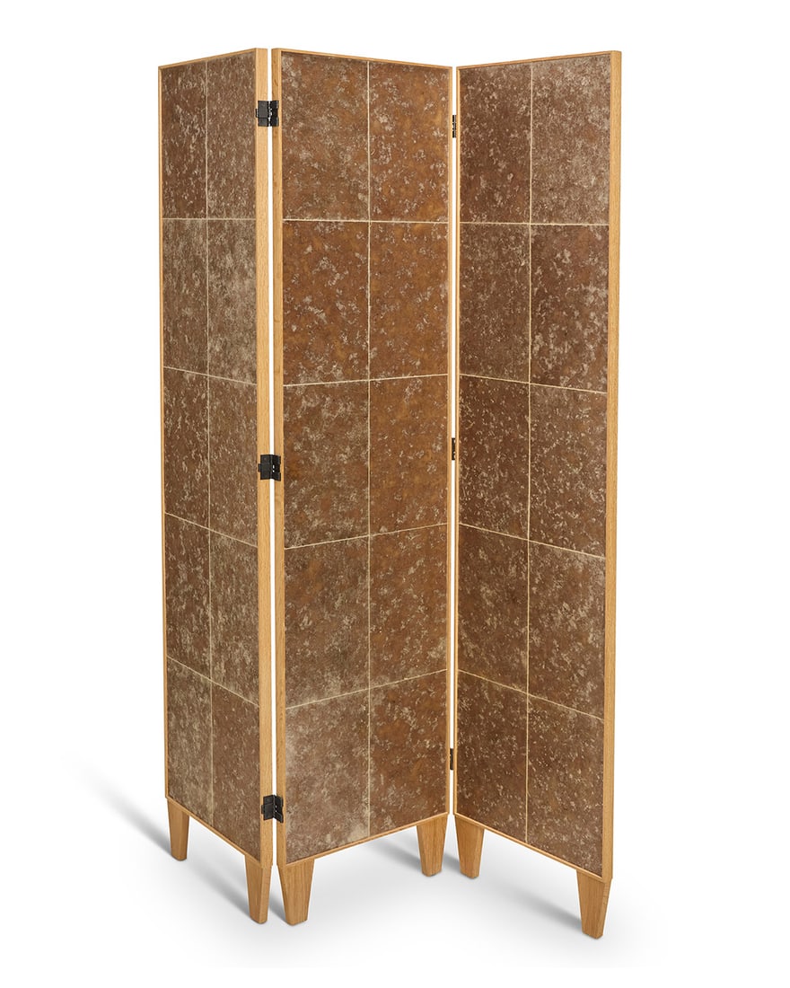 In the manner of Jean-Michel Frank (1895-1941), A Contemporary mica three panel dressing screen,: In the manner of Jean-Michel Frank (1895-1941) A Contemporary mica three panel dressing screen, late 20th/early 21st century Unmarked Each panel: 70.25" H x 16.5" W x 1" D; Stored: 3.125" D 