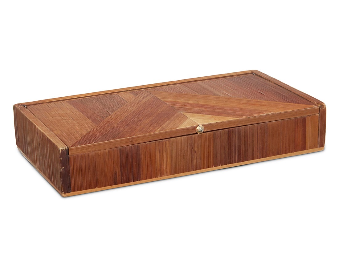 In the manner of Jean-Michel Frank (1895-1941), A straw marquetry box, second quarter 20th century: In the manner of Jean-Michel Frank (1895-1941) A straw marquetry box, second quarter 20th century The wood casket with hinged lid opening to reveal a cork-lined interior, with leather-clad underside