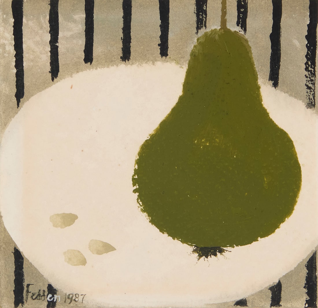 Mary Fedden (1915-2012), Pear on a plate, 1987: Mary Fedden (1915-2012) Pear on a plate, 1987 Gouache on paper Signed and dated lower left: Fedden 1987; signed again, "Julian & / Mary," and inscribed in ink with an extensive personal message to