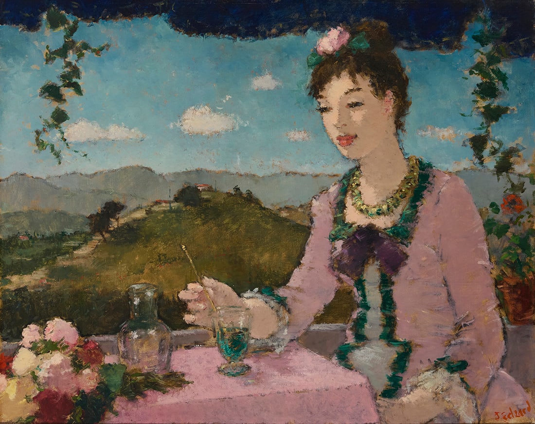 Dietz Edzard (1893-1963), "Afternoon on the Veranda": Dietz Edzard (1893-1963) "Afternoon on the Veranda" Oil on canvas Signed lower right: D. Edzard; titled by repute 26" H x 32" W Provenance: Galarie Paul PËtrides, Paris, France Private Estate,