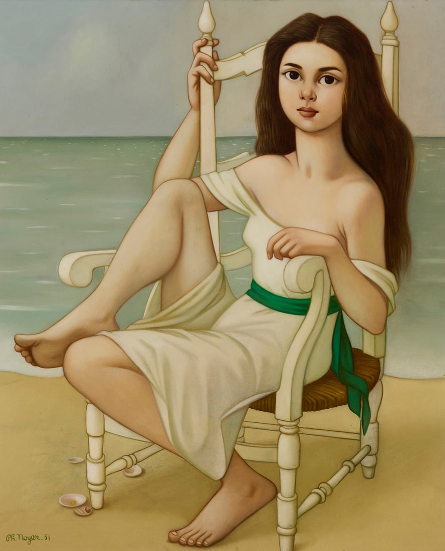 Philippe Henri Noyer (1917-1985), "Jeune Fille," 1951: Philippe Henri Noyer (1917-1985) "Jeune Fille," 1951 Oil on Masonite Signed and dated lower left: Ph. Noyer. 51; titled on a typed label affixed to the frame's verso 28.75" H x 23.75" W Provenance: