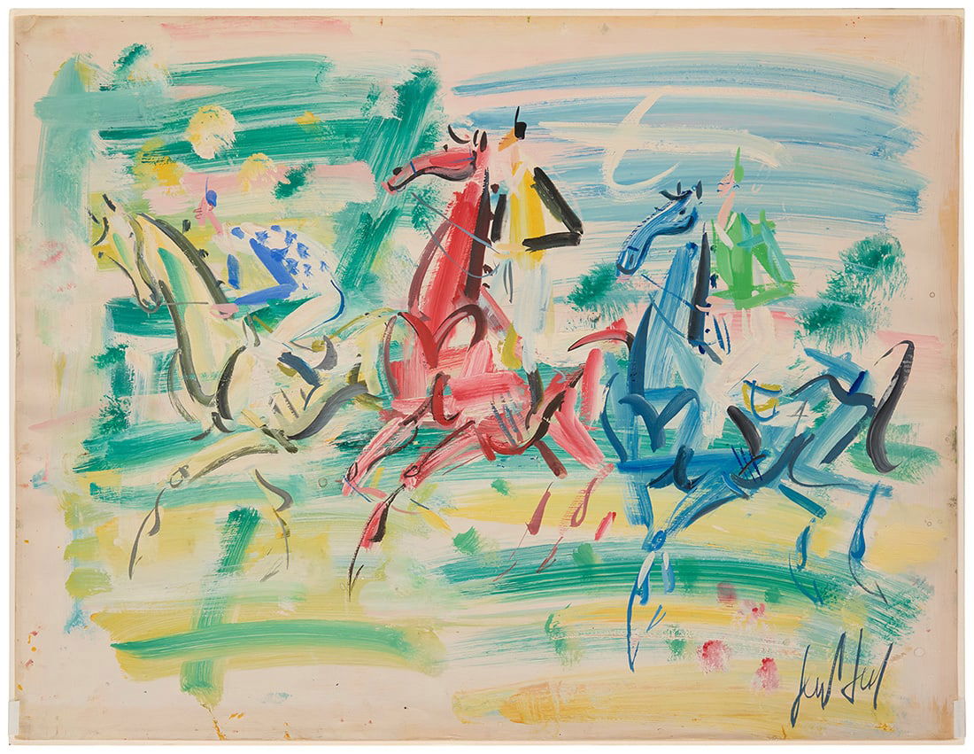 Gen Paul (1895-1975), "Les Courses," circa 1950: Gen Paul (1895-1975) "Les Courses," circa 1950 Gouache on wove paper Signed lower right: Gen Paul; titled and dated by repute; with an unfinished sketch of three horses, verso Sheet: 19.75" H x