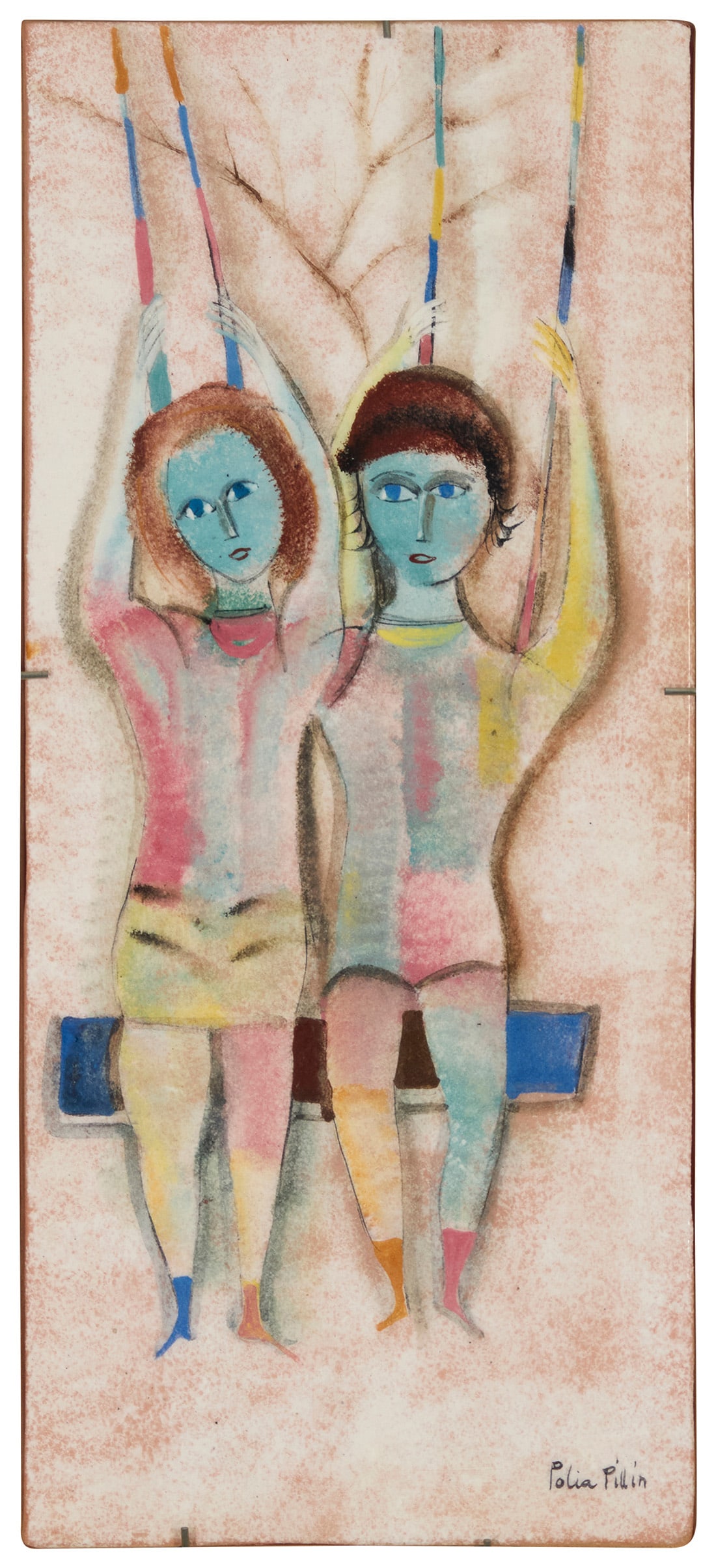 Polia Pillin (1909-1992), A glazed ceramic plaque, mid-20th century: Polia Pillin (1909-1992) A glazed ceramic plaque, mid-20th century Signed bottom right: Polia Pillin Depicting two female figures on a swing, mounted to a framed board Ceramic: 16" H x 7.125" W 