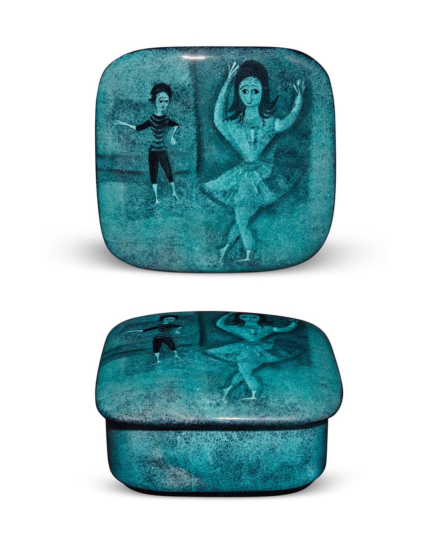 Polia Pillin (1909-1992), A glazed ceramic lidded box, mid-20th century: Polia Pillin (1909-1992)A glazed ceramic lidded box, mid-20th centurySigned to underside: PillinDepicting two dancing figures to lid3.125" H x 6.25" W x 6.25" D Provenance:Property from a Private coll