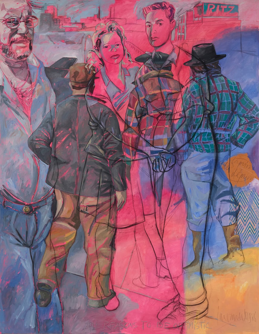 Jan Vanriet (b. 1948), "All Reasons to be Optimistic," 1986: Jan Vanriet(b. 1948)"All Reasons to be Optimistic," 1986Alkyd, charcoal, and collage on canvasSigned and dated in charcoal lower right: Jan Vanriet 1986; titled along the lower edge93" H x 73" W