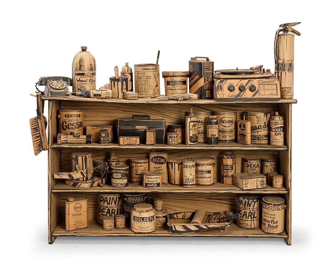 Tom Burckhardt (b. 1964), Tool Shelf from "FULL STOP" #86, 2004-2005: Tom Burckhardt(b. 1964)Tool Shelf from "FULL STOP" #86, 2004-2005Acrylic paint on cardboard and woodSigned and titled verso: Tom Burkhardt; numbered 8658.5" H x 75" W x 15" D Provenance:Ca