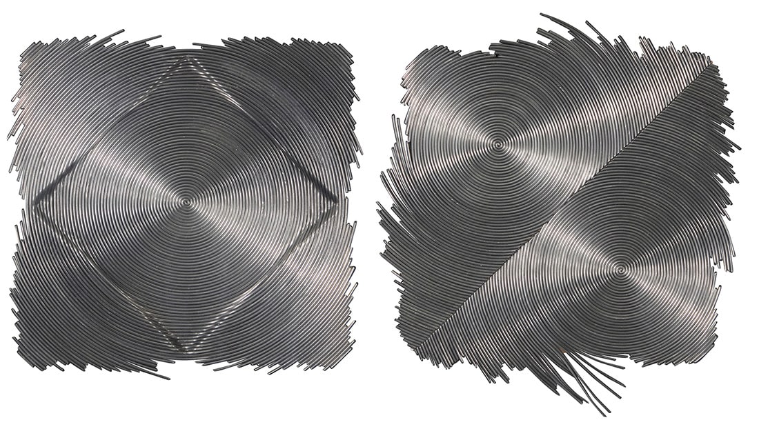 Aijiro Wakita, (b. 1942): Aijiro Wakita(b. 1942)Two works:"Quartered Square," from the "Sixteen Spiral Series," 1973Lead and tin wire on woodAppears unsigned; titled and dated on label versoSight: 11" H x 9.5" W (irreg.)<