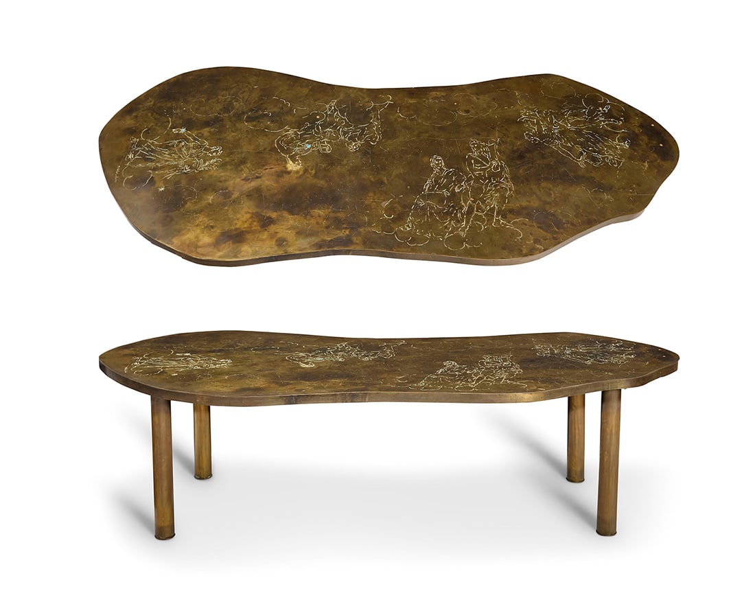 Philip and Kelvin LaVerne (1907-1987 and 1937-2025), A Modern bronze coffee table, 1966: Philip and Kelvin LaVerne (1907-1987 and 1937-2025)A Modern bronze coffee table, 1966Etched signature: Phil Kelvin LaVerneWith bronze-clad wood top of organic shape, incised with figures of Greek godd