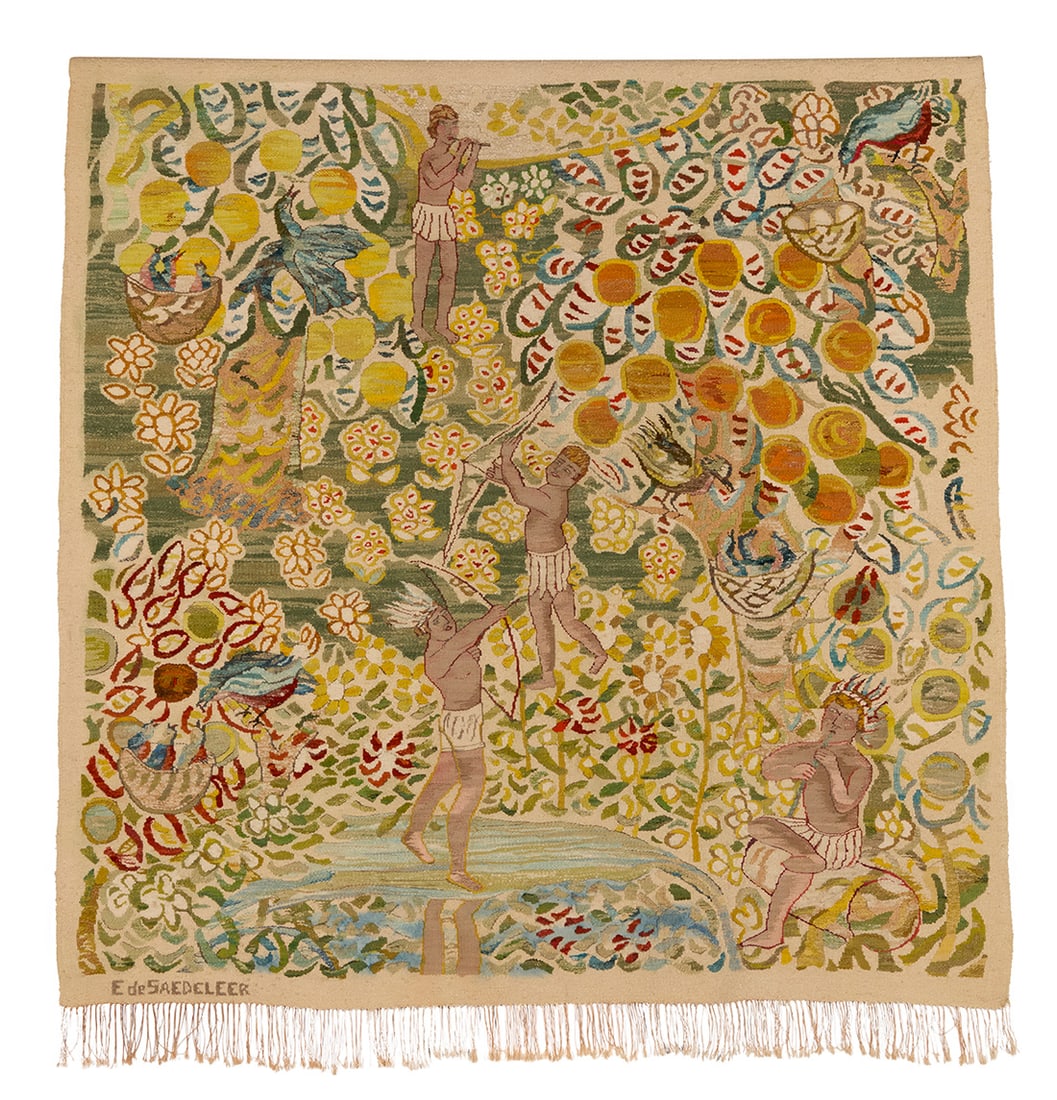 Elisabeth de Saedeleer (1902-1972), A multicolored wool tapestry, early/mid-20th century: Elisabeth de Saedeleer (1902-1972)A multicolored wool tapestry with fringe, early/mid-20th centuryWoven to a design by Edgard Tytgat (1879-1957)Depicting figures in a lush tropical landscape with flow