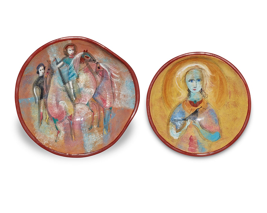Polia Pillin (1909-1992), Two glazed ceramic plates, mid-20th century: Polia Pillin (1909-1992) Two glazed ceramic plates, mid-20th century Each signed to underside: Pillin One depicting a lady, the other depicting three horses and two ladies 2 pieces Single lady: 2" H