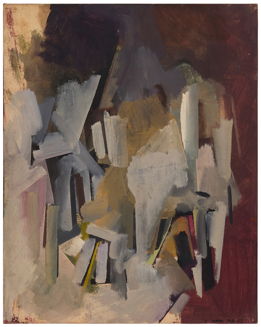 Sidney Gordin (1918-1996), "Feb. 1942": Sidney Gordin (1918-1996) "Feb. 1942" Oil on canvasboard Signed, titled, and dated lower right: S Gordin FEB 42; signed, titled, and dated again, all verso; titled and dated again on two labels