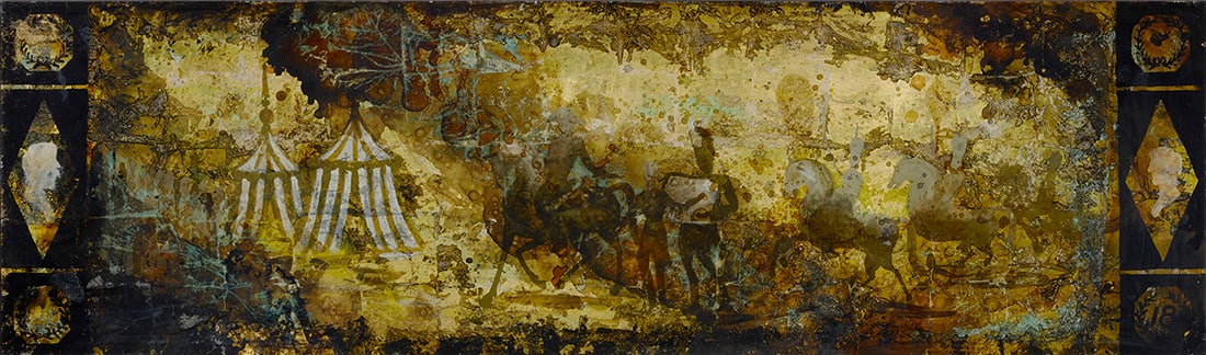 Raphael Mazzucco (b. 1970), Soldier encampment: Raphael Mazzucco (b. 1970) Soldier encampment Ink, pigment, and gold leaf encased in resin mounted to plywood Appears unsigned 25" H x 84" W