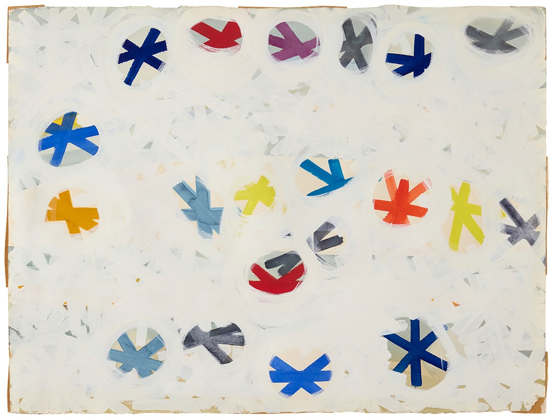 Hilda Levy (b. 1909), "Cosmic Cleavage # I," 1963: Hilda Levy(b. 1909)"Cosmic Cleavage # I," 1963Casein on Arches paperSigned and titled (twice each) in pencil on the frame's backing board: Hilda Levy; titled in ink on the verso of the sheet; titled a