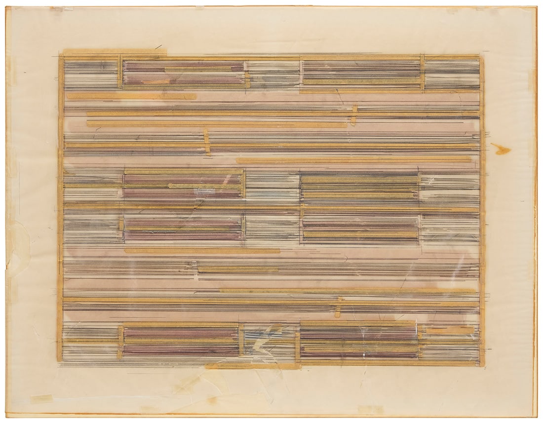 Ed Moses (1926-2018), Untitled, 1972: Ed Moses(1926-2018)Untitled, 1972Pencil, colored pencil, marker, and masking tape on multilayered vellum paper, with tissue interleaving, all hinged to an illustration board, as issuedSigned with the