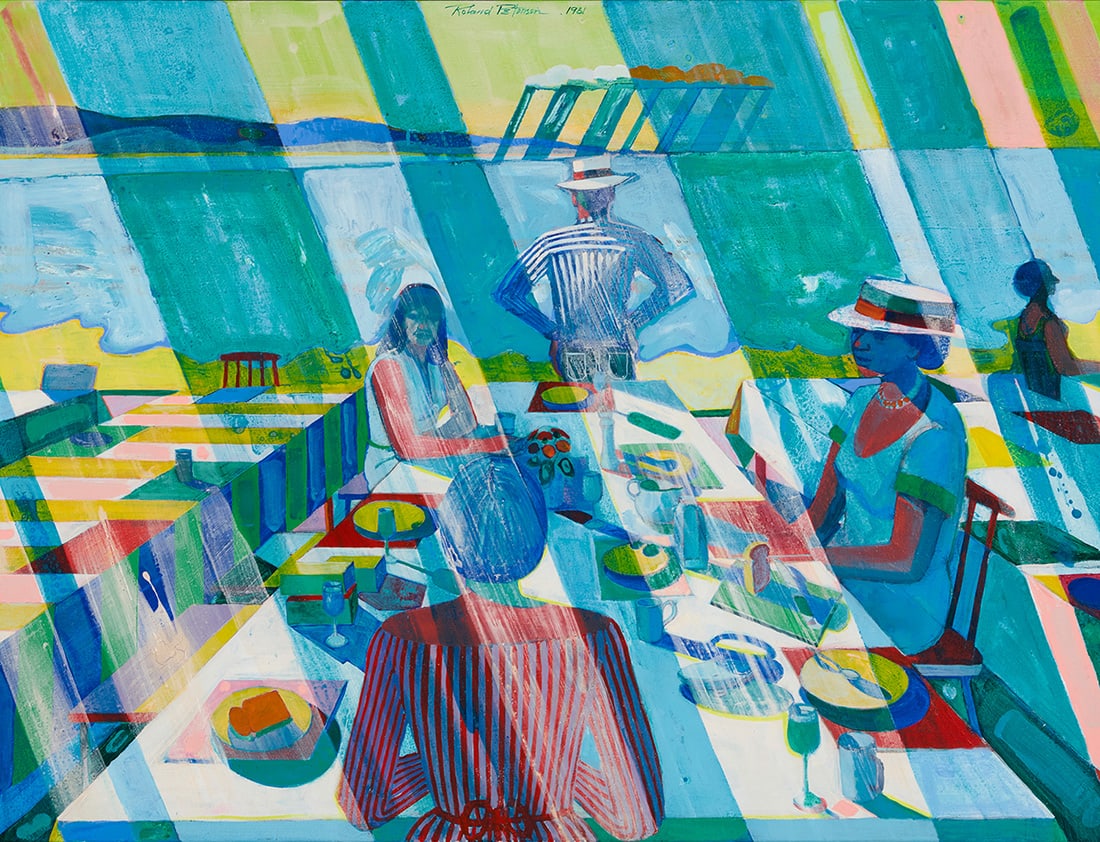 Roland Petersen (b. 1926), "Rain Picnic Series," 1981: Roland Petersen (b. 1926) "Rain Picnic Series," 1981 Acrylic on canvas Signed and dated upper center: Roland Petersen 1981; titled and dated again on the stretcher 46" H x 60" W Provenance: Triton