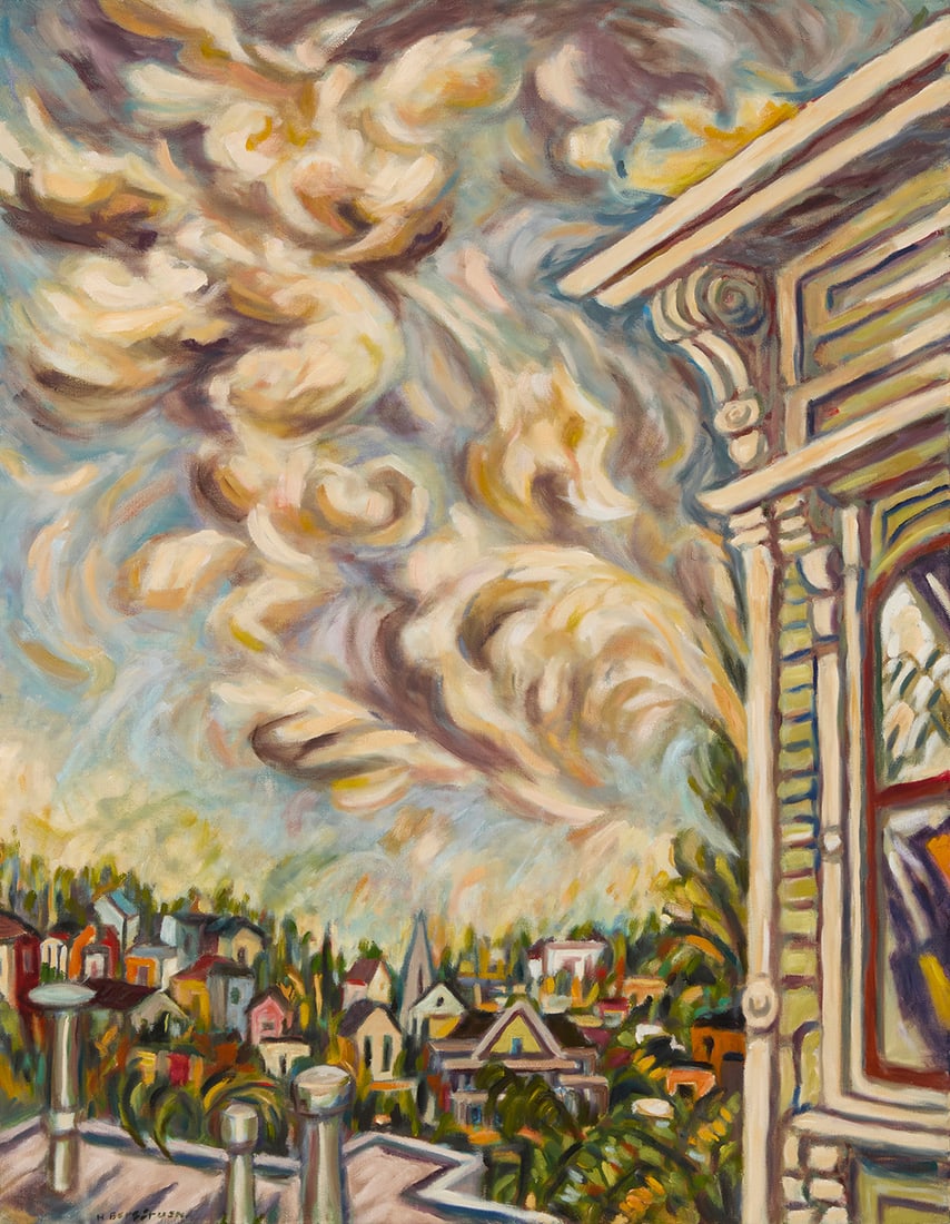 Helen Berggruen (b. 1945), "Gathering Clouds," 2018: Helen Berggruen (b. 1945) "Gathering Clouds," 2018 Oil on canvas Signed lower left: H Berggruen; signed again, titled, and dated 2018, all verso; titled again on a label affixed to the stretcher 28"