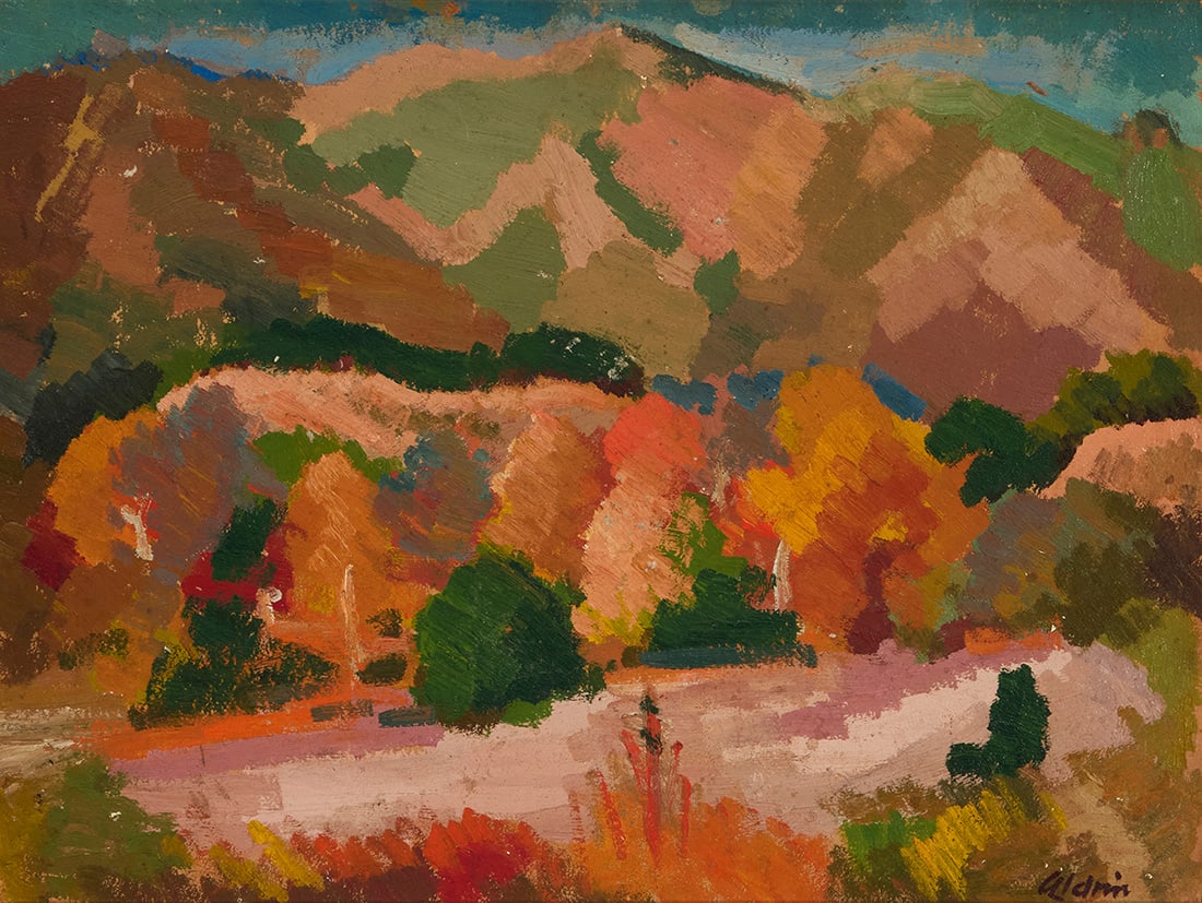 Anders Aldrin (1889-1970), "Autumn Study," circa 1935: Anders Aldrin (1889-1970) "Autumn Study," circa 1935 Oil on board Signed lower right: Aldrin; titled and dated on a partially effaced label affixed verso: 193*; numbered "56" and "88" on additional