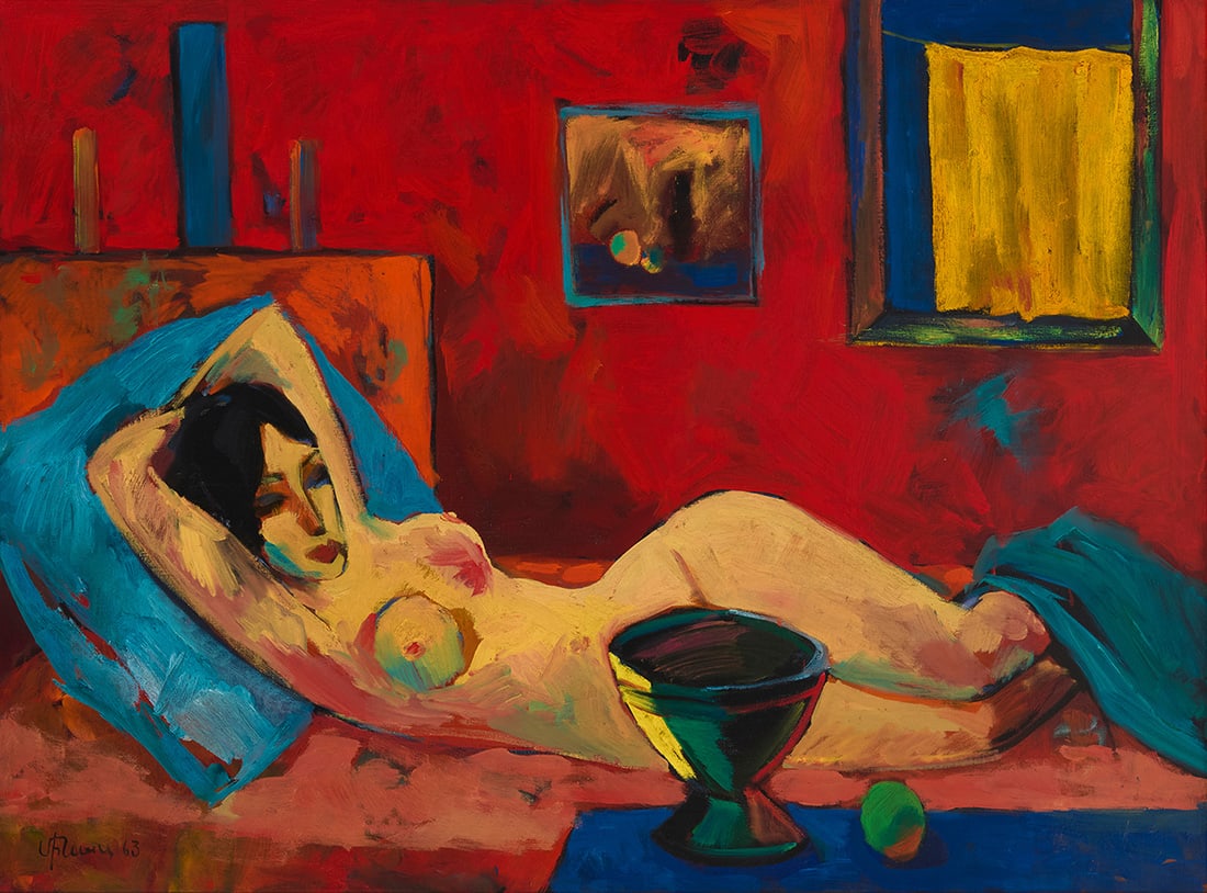 Minas Avetisyan (1928-1975), "Model," 1963: Minas Avetisyan (1928-1975) "Model," 1963 Oil on canvas Signed in Armenian and dated lower left: Minas 63; signed and dated again, and titled, all in Armenian, verso 28.75" H x 39.25" W Provenance: