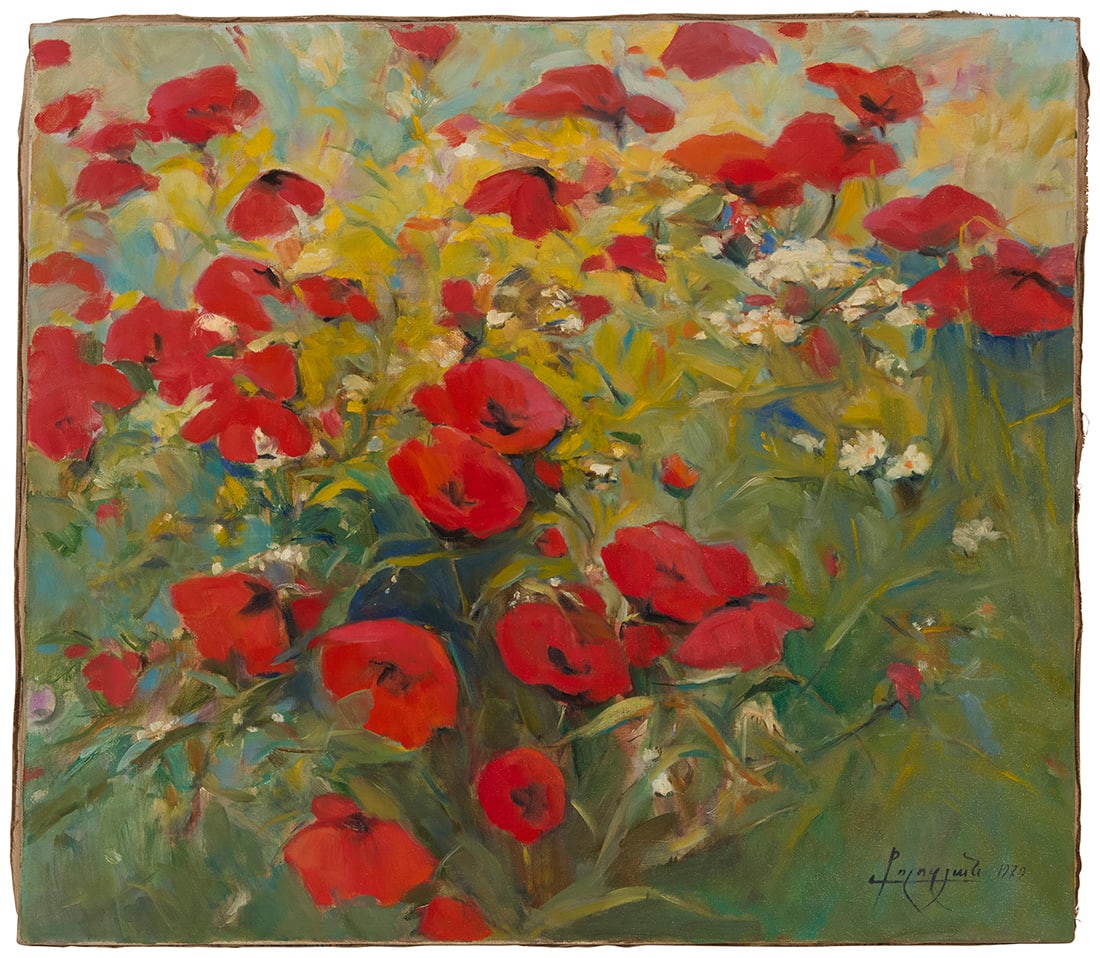Babken Kolozyan (1909-1994), "Poppies," 1979: Babken Kolozyan (1909-1994) "Poppies," 1979 Oil on canvas Signed in Armenian and dated lower right: Kolozyan 1979; signed and dated again, and titled, all in Armenian, verso 27.75" H x 31.75" W 
