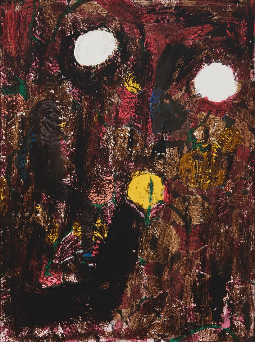 Aaron Wrinkle (b. 1978), "In Bloom," 2016-17: Aaron Wrinkle (b. 1978) "In Bloom," 2016-17 Oil and mixed media on canvas Signed with initials, titled, and dated, all in green colored pencil on the stretcher: AW 16-17; inscribed on the canvas