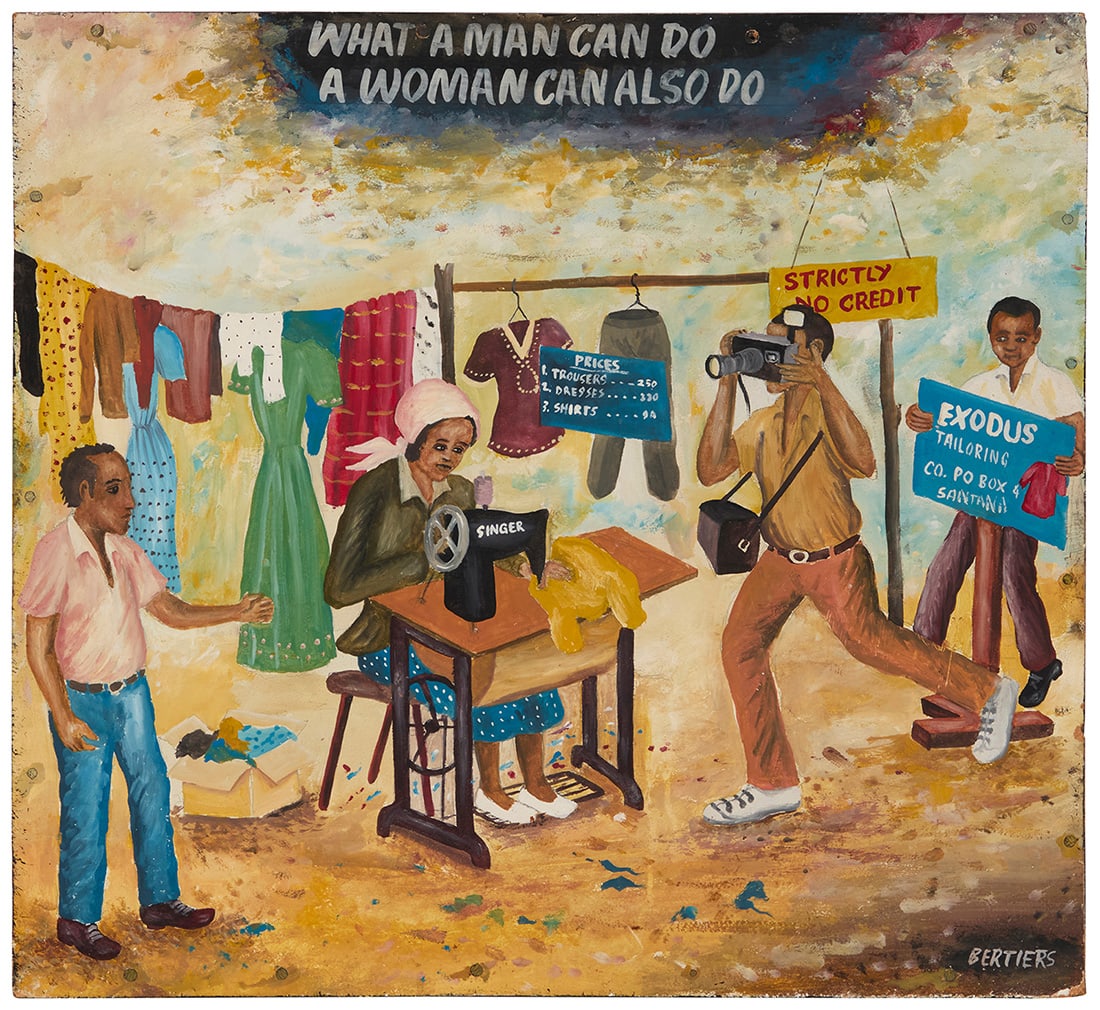 Joseph Bertiers† (b. 1963), "What A Man Can Do A Woman Can Also Do," circa 1990s: Joseph Bertiers†(b. 1963)"What A Man Can Do A Woman Can Also Do," circa 1990sOil on flakeboardSigned lower right: Bertiers; titled along the center of the upper edge20" H x 22" W Provenance: