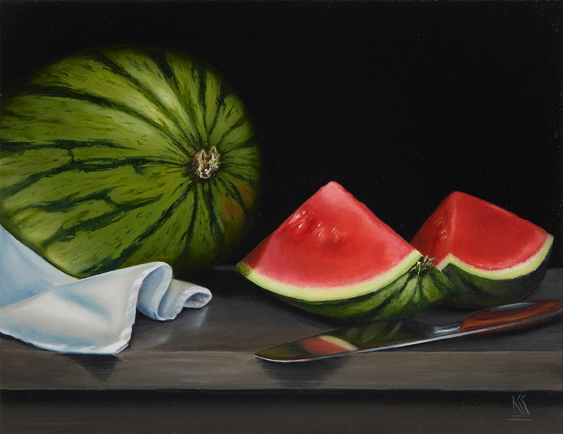 Karen S. Johnson (b. 1948), "Watermelon Anyone?," 2022: Karen S. Johnson(b. 1948)"Watermelon Anyone?," 2022Oil on canvasSigned with initials lower right: KSJ; signed again: Karen S. Johnson, titled, and dated "2022," all verso11" H x 14" W Provenance