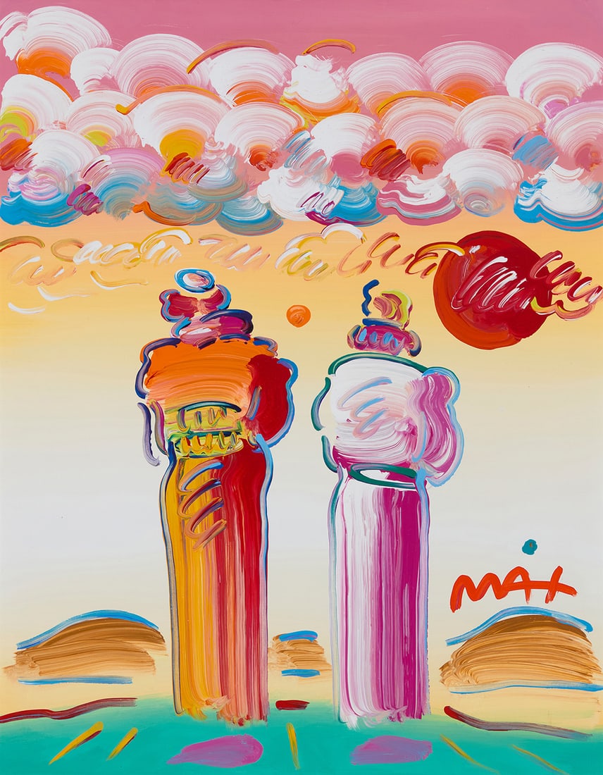 Peter Max (b. 1937), "Two Sages Looking at Sunrise V," 2018: Peter Max (b. 1937) "Two Sages Looking at Sunrise V," 2018 Acrylic on canvas Signed lower right: Max; artist stamp with date, number, and copyright symbol, verso; titled on a label affixed verso 29"