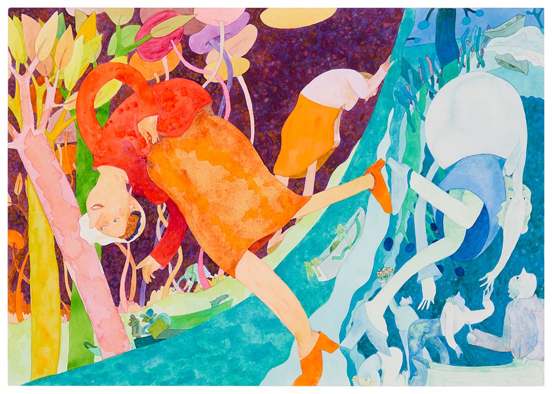 Gladys Nilsson (b. 1940), "Turnabout Walk," 2009: Gladys Nilsson (b. 1940) "Turnabout Walk," 2009 Watercolor and gouache on paper Appears unsigned; titled and dated on a gallery label affixed to the frame's backing board Sheet: 14.125" H x 20.125" W