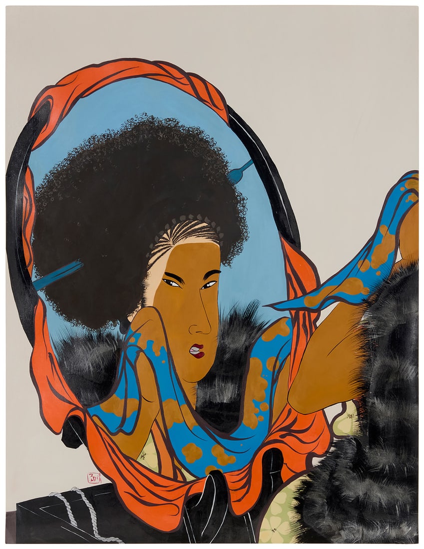 Iona Rozeal Brown (b. 1966), "a3 blackface #63," 2003: Iona Rozeal Brown (b. 1966) "a3 blackface #63," 2003 Acrylic on paper Signed in red with the artist's "3rdi" device and dated "08 - - 2003" in the blank at lower left; titled from artist materials