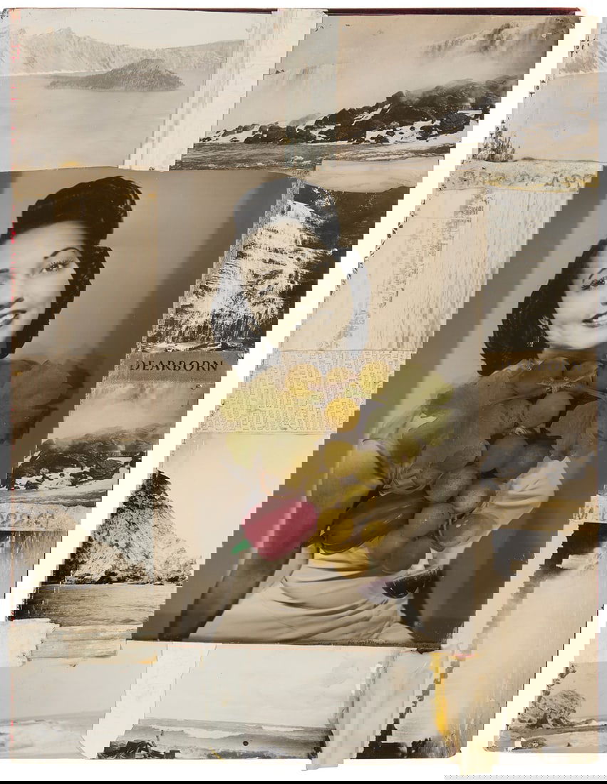 Lezley Saar (b. 1953), "What Are You?," 2003: Lezley Saar (b. 1953) "What Are You?," 2003 Mixed media assemblage with photographs, plastic fruit, and wax on altered book Signed, titled, and dated on a label affixed verso: Lezley Saar / 2003 15"