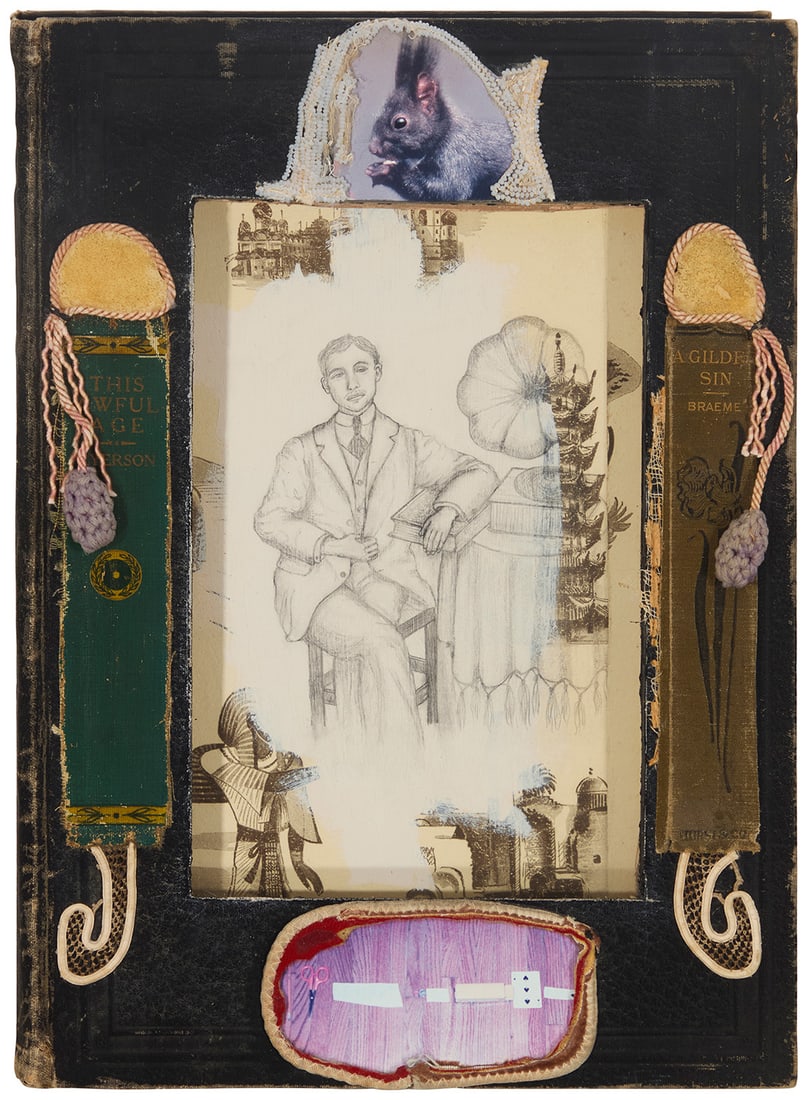 Lezley Saar (b. 1953), "Remember Uncle August the Unhappy Inventor?," 2002: Lezley Saar (b. 1953) "Remember Uncle August the Unhappy Inventor?," 2002 Mixed media assemblage on altered book Signed, titled, and dated on a label affixed verso 15" H x 11" W x 2" D Provenance: