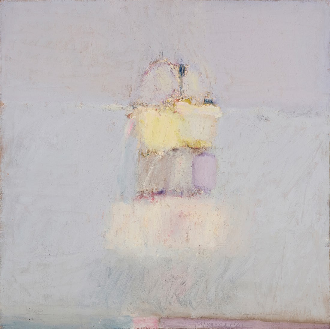 George Joji Miyasaki (1935-2013), "Horizon Sunset," 1961: George Joji Miyasaki(1935-2013)"Horizon Sunset," 1961Oil on canvasSigned and dated at the center of the lower edge: Miyasaki '61; signed again and titled in pencil, verso: Horizen [sic] Sunset36" H x