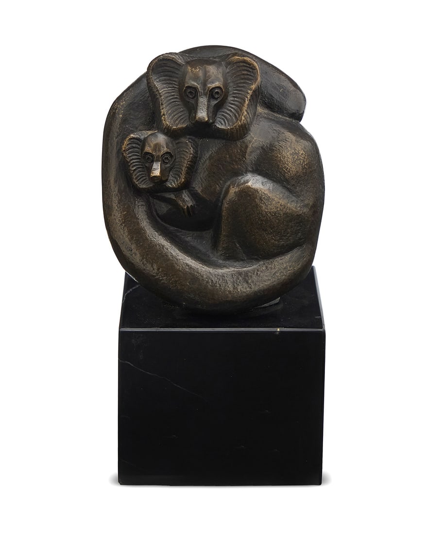 Betty Davenport Ford (b. 1924), Gibbons, 1997: Betty Davenport Ford (b. 1924) Gibbons, 1997 Patinated bronze on stone plinth Edition: 3/300 With artist's chop mark, date, and edition in the casting: © BDF Bronze: 3.875" H x 3.25" W x 2.375" D;