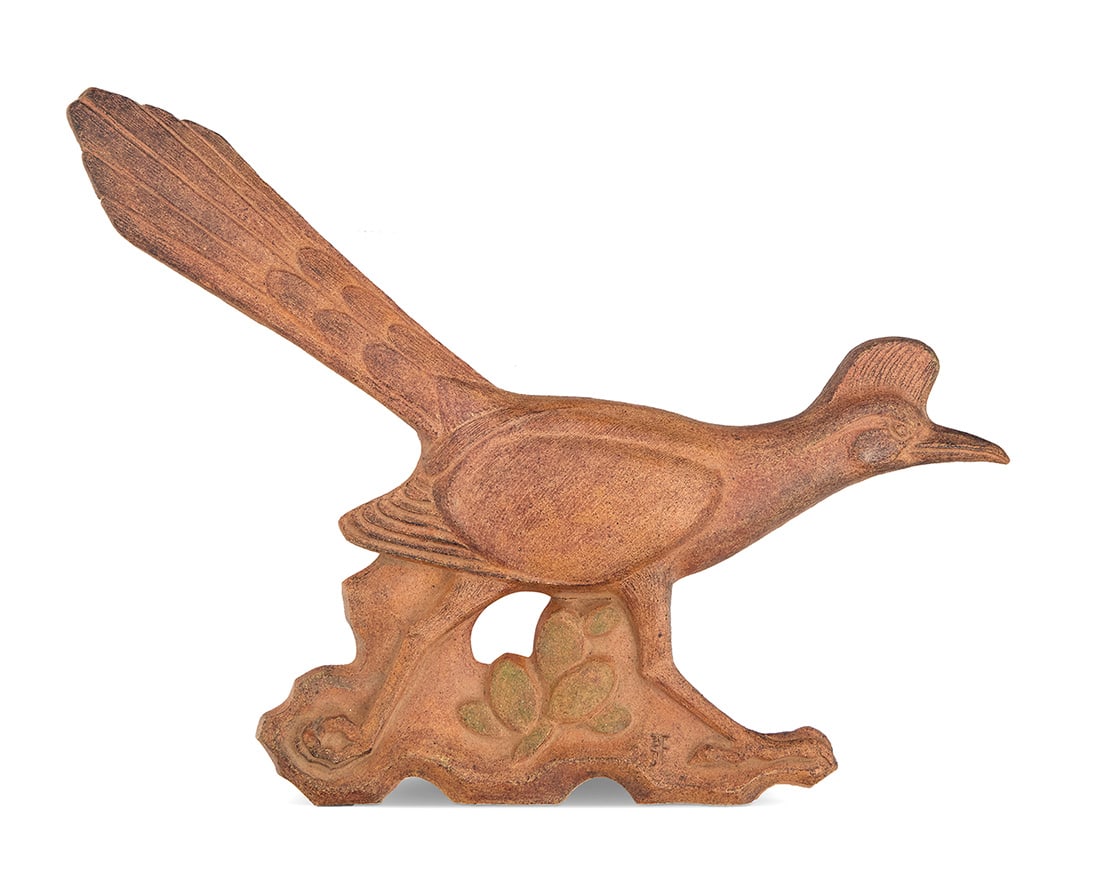 Betty Davenport Ford (b. 1924), A glazed stoneware roadrunner wall panel, 2002: Betty Davenport Ford (b. 1924) A glazed stoneware roadrunner wall panel, 2002 Incised signature and date verso: BETTY DAVENPORT FORD; incised recto: BDF 11" H x 15.5" W x 1.5" D