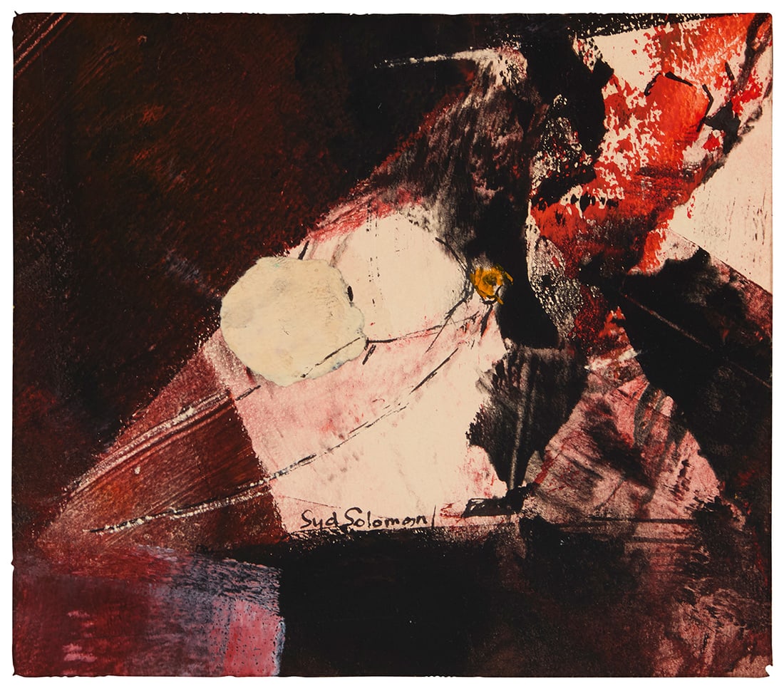 Syd Soloman (1917-2004), "Swinging Baroque" 1964: Syd Soloman (1917-2004) "Swinging Baroque" 1964 Mixed media with oil, collage, and pencil on paper Signed lower center: Syd Soloman; signed again, dated, titled, and inscribed on the frame's backing