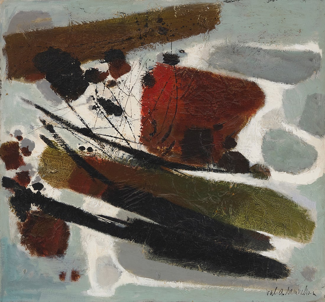 Val Arnold Samuelson (1913-2000), "Futurity," circa 1962: Val Arnold Samuelson (1913-2000) "Futurity," circa 1962 Oil on canvas Signed lower right: Val A. Samuelson; titled verso 30" H x 32" W Provenance: Sold: Bonhams, Los Angeles, CA, "Sunset Estate