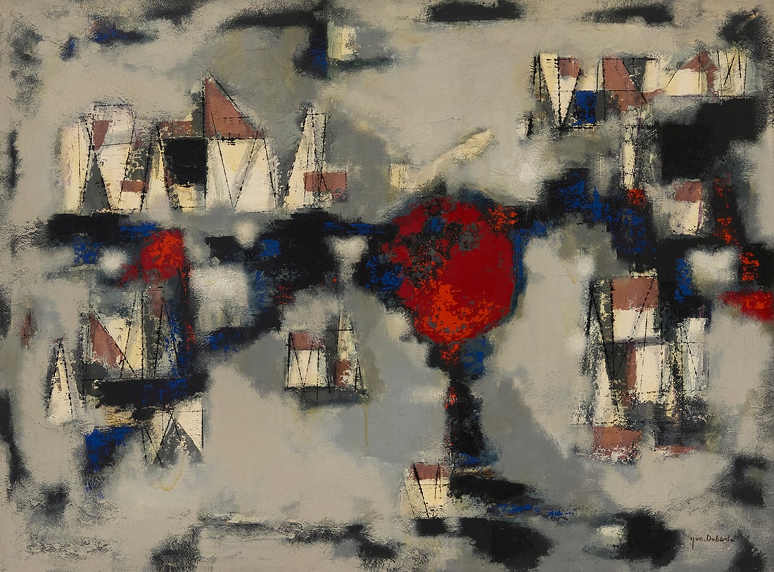 Jun Dobashi (1910-1975), "Sunset at Le Harve": Jun Dobashi(1910-1975)"Sunset at Le Harve"Oil on canvasSigned lower right: Jun Dobashi; titled on a gallery label affixed to the backing board38" H x 51.25" W Provenance:Dazell Hatfield Ga