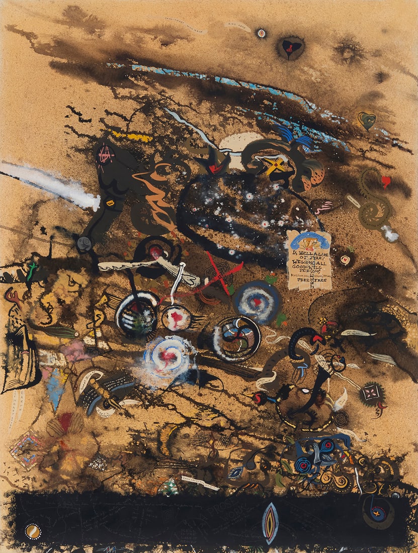 Fred Martin (1927-2022), California modern painting, circa 1960s: Fred Martin (1927-2022) California modern painting, circa 1960s Watercolor and mixed media on paper Appears unsigned Image/Sheet: 39.75" H x 30" W Provenance: Private collection, La Jolla, CA 