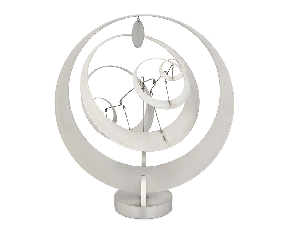 Jerome Kirk (1923-2019), Perpetual Motion: Jerome Kirk (1923-2019) Perpetual Motion Aluminum and wire, articulated Inscribed on the base: Kirk 16.25" H x 15" W x 11" D, dimensions variable Provenance: Private collection, Sherman Oaks, CA