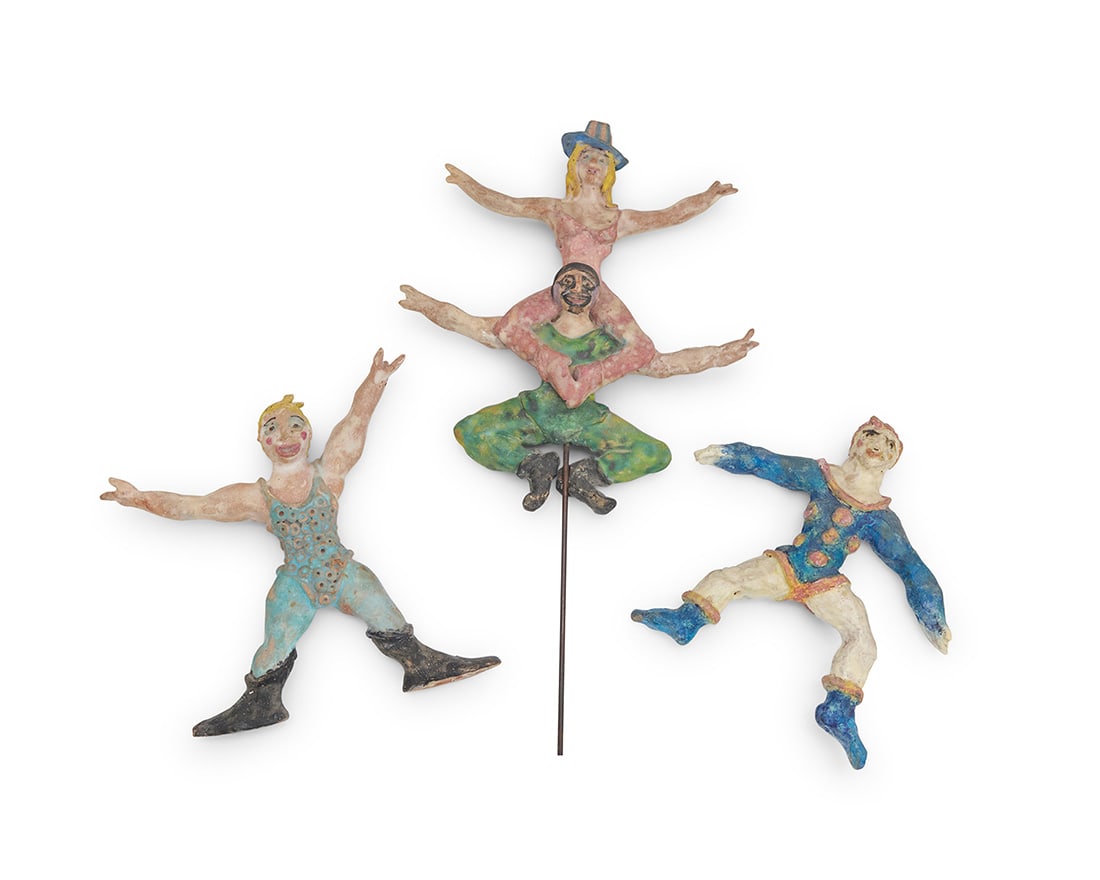Beatrice Wood (1893-1998), A group of glazed earthenware models of circus performers, mid-20th: Beatrice Wood (1893-1998) A group of glazed earthenware models of circus performers, mid-20th century Each unmarked Comprising two figures and a conjoined group mounted on a metal rod 3 pieces