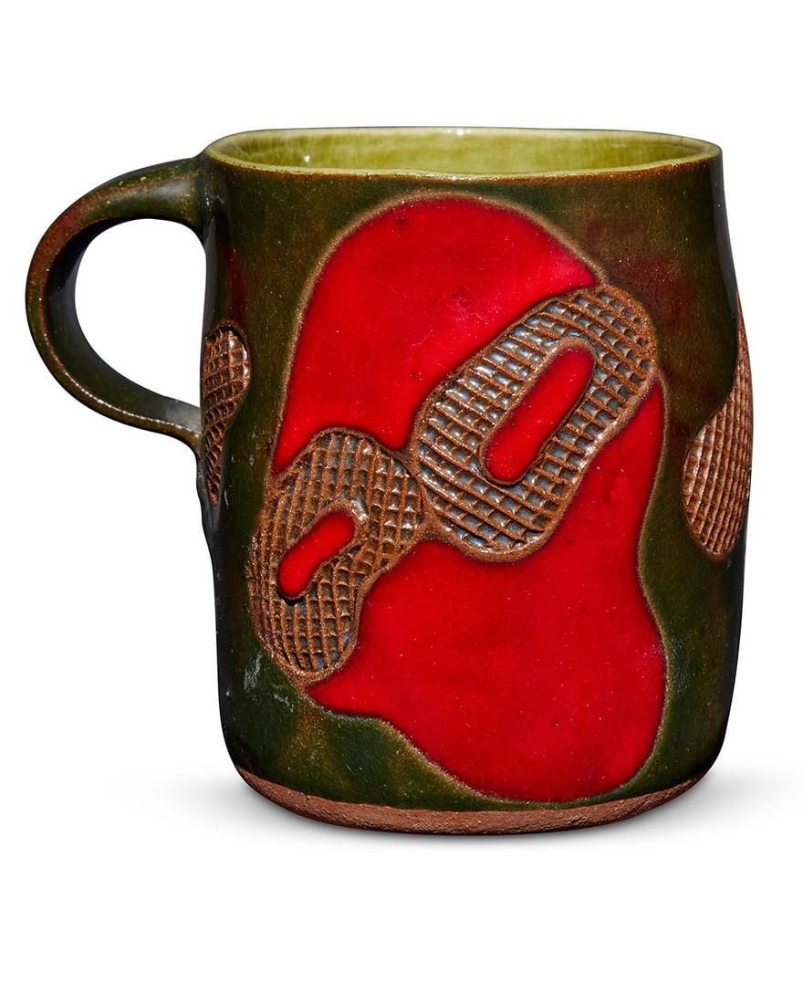 Ken Price (1935-2012), Glazed ceramic cup, 1970s: Ken Price (1935-2012) Glazed ceramic cup, 1970s Red and green glaze with pressed grid shapes Unmarked 3.375" H x 3.875" W x 2.875" D