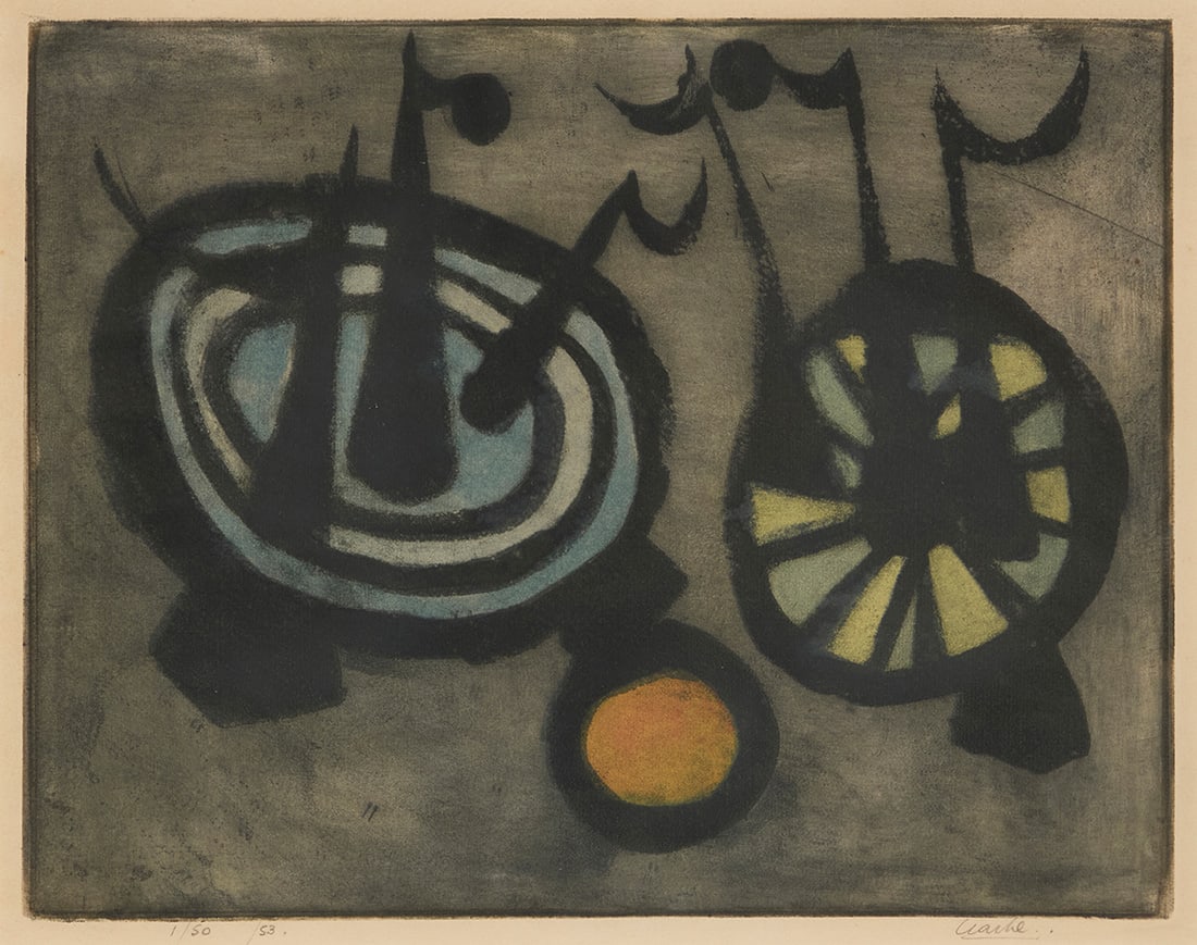 Geoffrey Clarke (1924-2014), "Footballers," 1953: Geoffrey Clarke (1924-2014) "Footballers," 1953 Etching and aquatint in colors on paper Edition: 1/50 Signed, dated, and numbered in pencil in the lower margin: Clarke / 53.; titled and dated again