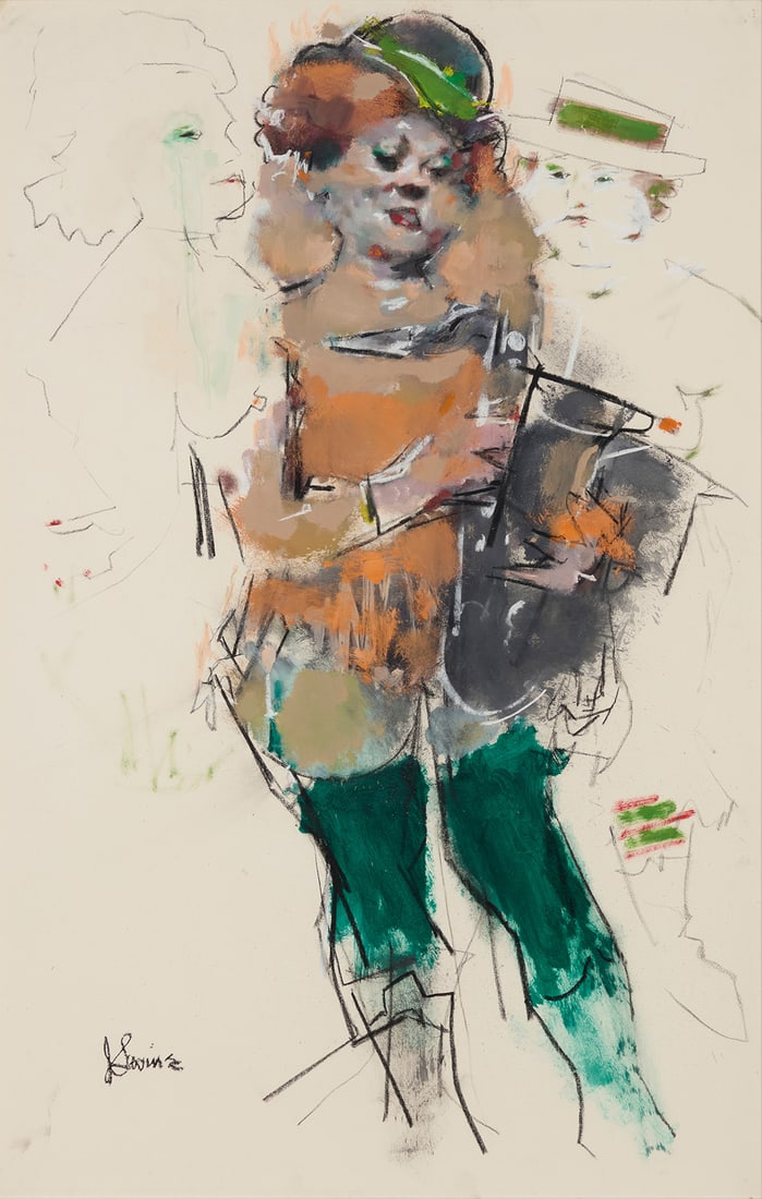 Jack Levine (1915-2010), "All Girl Band," 1972: Jack Levine(1915-2010)"All Girl Band," 1972Mixed media on Arches paper laid to boardSigned lower left: J Levine; titled and dated from gallery labels affixed to the frame's backing paperSheet: 41" H x