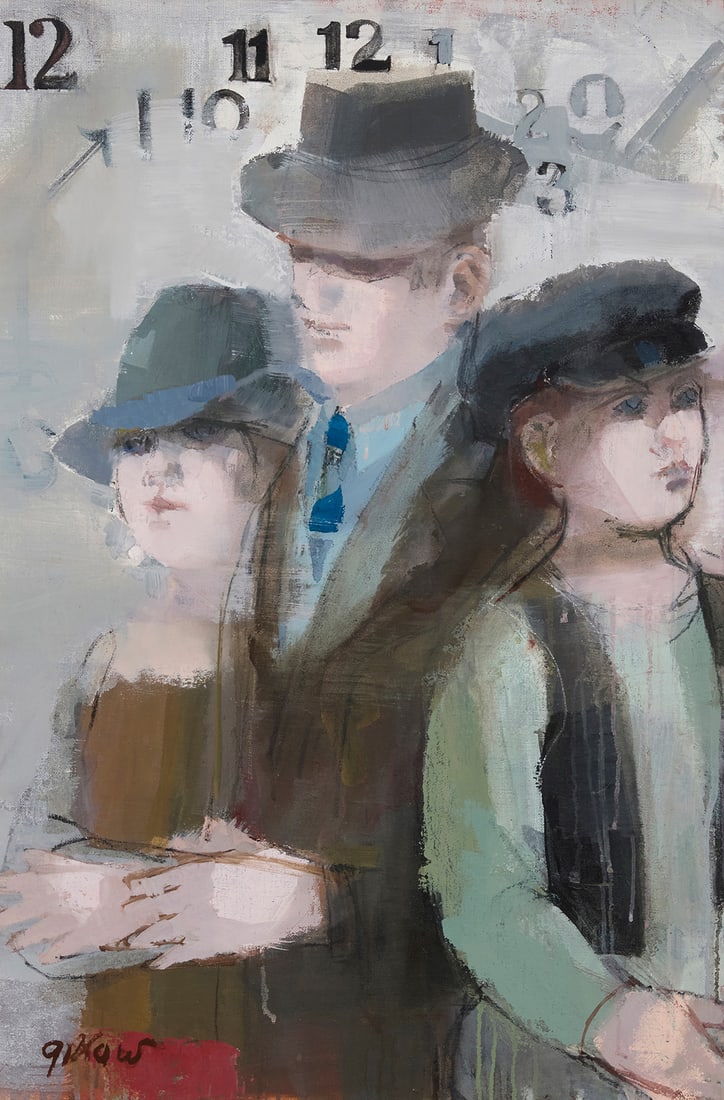 Ruth Gikow (1913-1982), "Time Passes," 1979: Ruth Gikow (1913-1982) "Time Passes," 1979 Oil on canvas Signed lower left: Gikow; titled and dated 1979 on various labels affixed to the stretcher and frame's verso 30" H x 20" W Provenance: