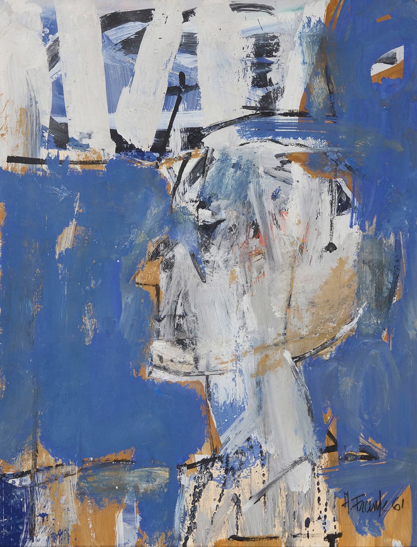 Harold Frank (1917-1995), "Study in Blue," 1961: Harold Frank(1917-1995)"Study in Blue," 1961Tempera on paper laid to a foam boardSigned and dated lower right: H. Frank 61; titled on a label affixed to the frame's versoSheet: 22.125" H x 17.25" W