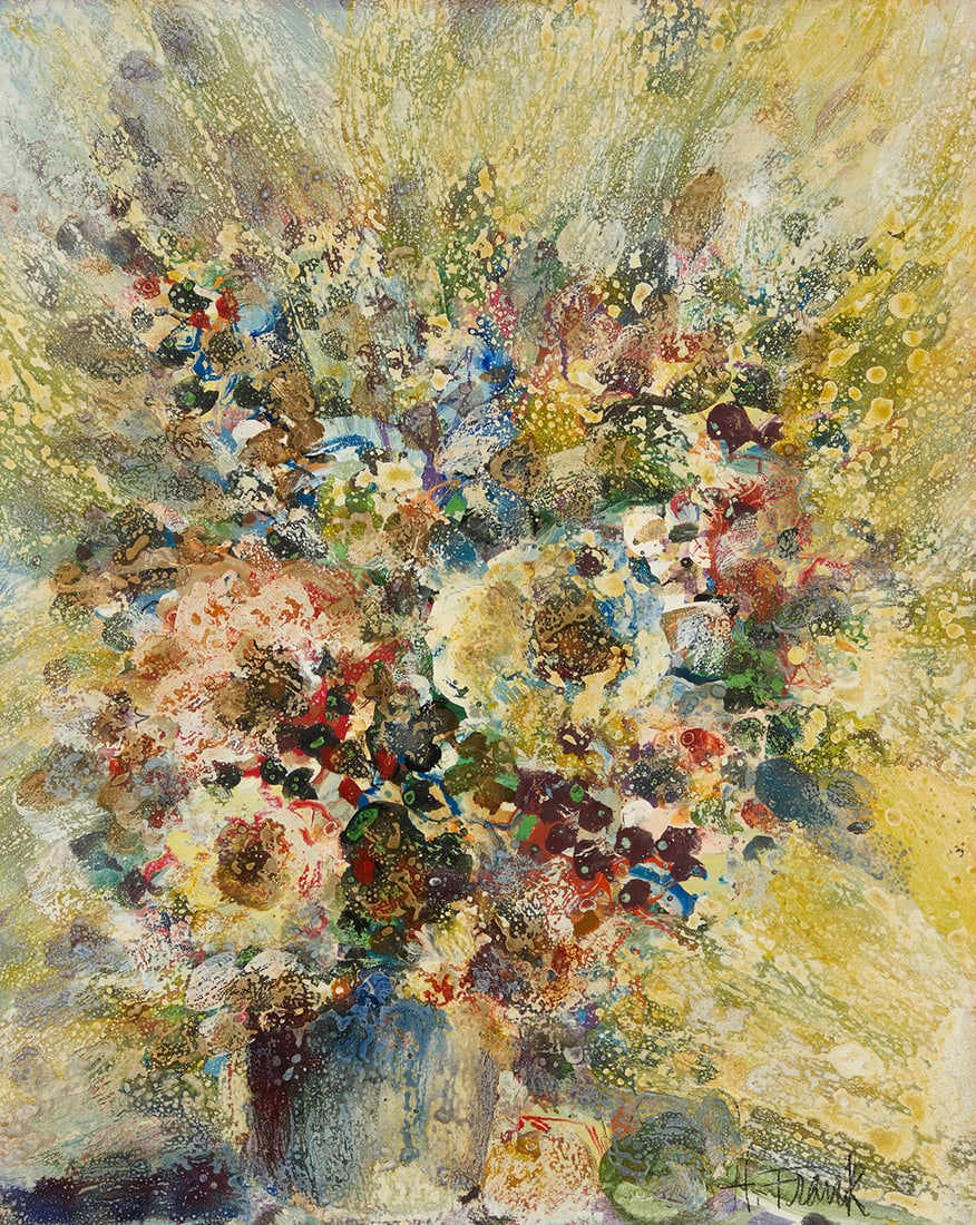 Harold Frank (1917-1995), "Bouquet of Excellence": Harold Frank (1917-1995) "Bouquet of Excellence" Tempera and oil on paper tipped to a foam board Signed lower right: H. Frank; titled by repute Sheet: 19.875" H x 15.875" W Provenance: Estate of